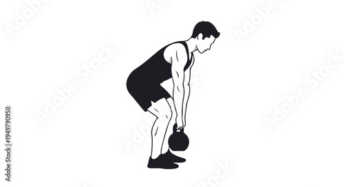 Muscular figure performs kettlebell deadlift exercise, emphasizing strength and training