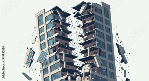 Stylized illustration of a two-part building collapsing, with debris and solar panels falling