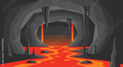 Underground cave with flowing lava river and stalactites