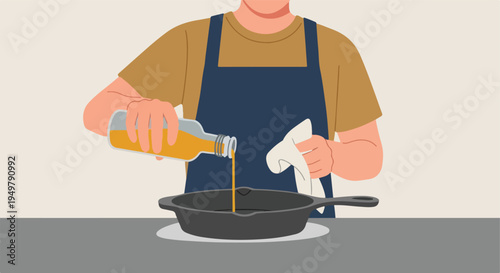 Person in apron pouring oil into cast iron skillet, preparing to cook