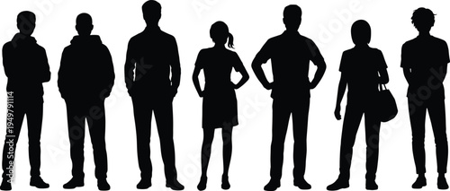 Group of standing people silhouettes including men and woman in casual poses, diverse human characters representing community, lifestyle, society and everyday people concept