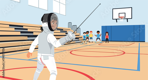 A fencing class in a gymnasium with children observing the lesson