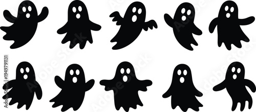 Halloween ghost silhouette collection with spooky flying spirit characters in different poses isolated vector set for horror decoration design and holiday illustration