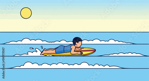 Cartoon of a person surfing on a yellow board under a yellow sun