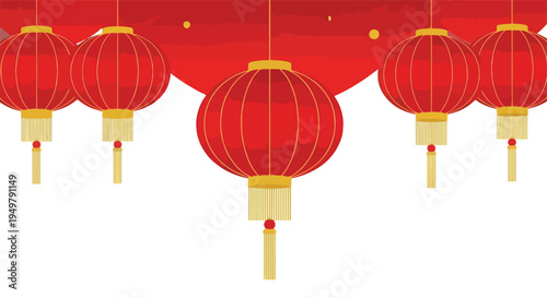 Traditional red lanterns with gold accents hang against a festive background