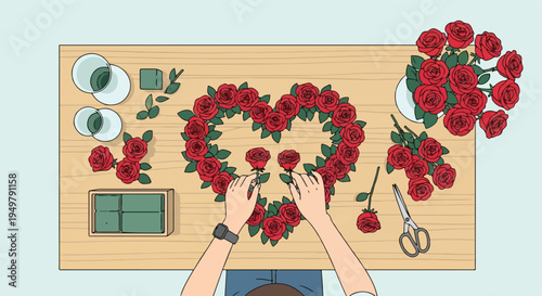 A pair of hands creates a heart shape with red roses on a wooden table