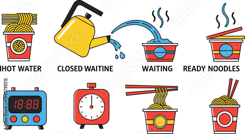 Instant Noodle Cooking Process Icon Collection Featuring Hot Water Pouring, Waiting Cup Noodles, Timer Clock, Chopsticks Eating and Ready Ramen Meal