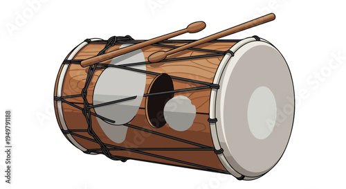Traditional wooden drum with two mallets, featuring a cylindrical body and taut heads