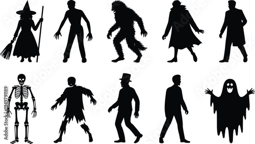 Halloween monster silhouette collection with witch zombie werewolf vampire skeleton ghost and spooky horror characters isolated vector set for holiday design illustration