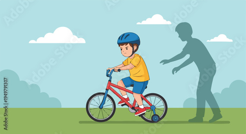 Boy learning to ride a bicycle with support, outdoors
