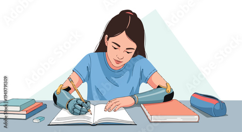 Young person with prosthetic arms studying at a desk with books