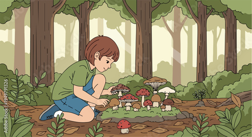 Child examines a cluster of diverse mushrooms in a sun-dappled forest clearing