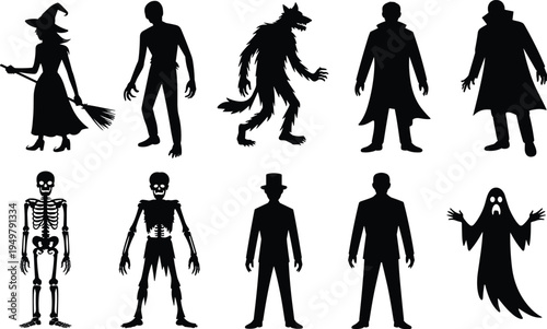 Halloween monster silhouette collection featuring witch zombie werewolf vampire skeleton ghost and spooky characters isolated vector set for horror holiday design illustration