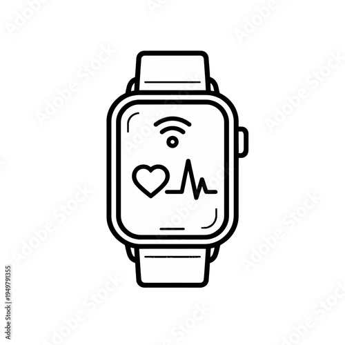 Line art icon depicting a modern smartwatch with heart rate monitoring and wireless connectivity, symbolizing health tech and wearable innovation
