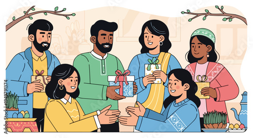 Diverse group of people exchanging gifts and celebrating traditions