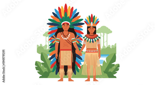 Indigenous couple in traditional attire with feathered headdresses and loincloths