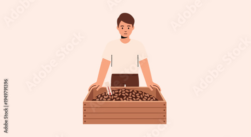 A person observes a crate filled with coffee beans and a thermometer
