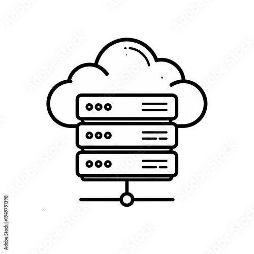 Detailed line art illustration of cloud computing services and secure data storage infrastructure with interconnected server racks for modern digital networks