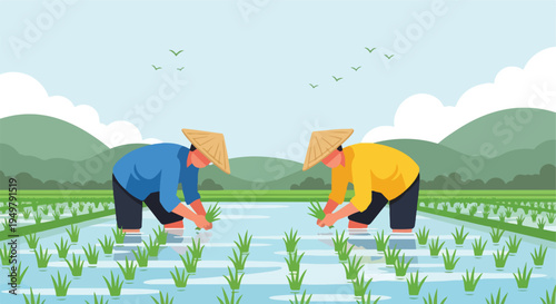 Two farmers transplanting rice seedlings in a flooded field with mountains