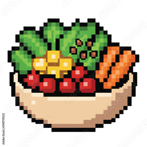 Pixel art bowl of fresh vegetables and fruits