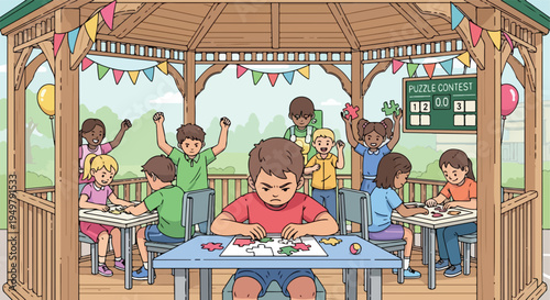 Children compete in a puzzle-solving contest held in a decorated gazebo