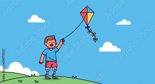 Joyful child with prosthetic legs flies a colorful kite under a bright, cloudy sky