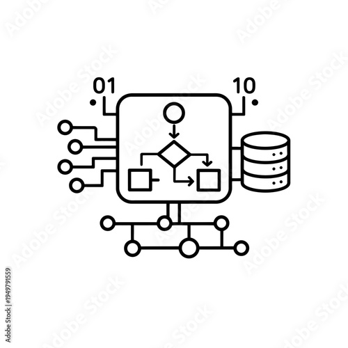 Digital data processing system workflow icon with algorithm flowchart and database connections for computing architecture