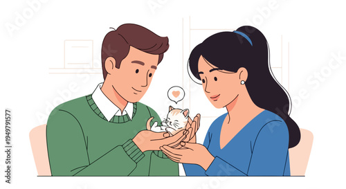 A couple tenderly holds a small kitten in their hands, a heart symbol above