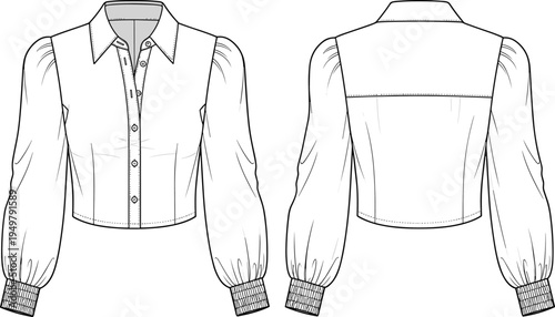 Technical CAD fashion flat vector illustration of women's button-up cropped blouse featuring puff sleeves, smocked cuffs, and a pointed collar.