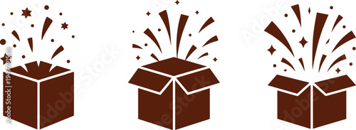 Open gift box surprise explosion icons with stars sparkles and confetti celebration elements isolated vector illustration set for party decoration design