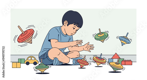 A young boy sits on the floor, captivated by spinning tops and building blocks