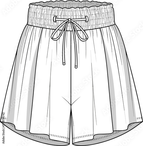 Technical CAD fashion flat vector illustration of women's smocked high-waisted lounge shorts featuring a drawstring waistband and flared pleated silhouette.