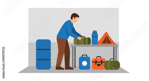 A person packing camping gear including a tent, sleeping bags, and luggage