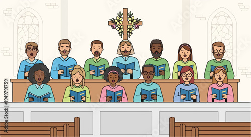 Diverse group of people singing hymns from books in a church choir