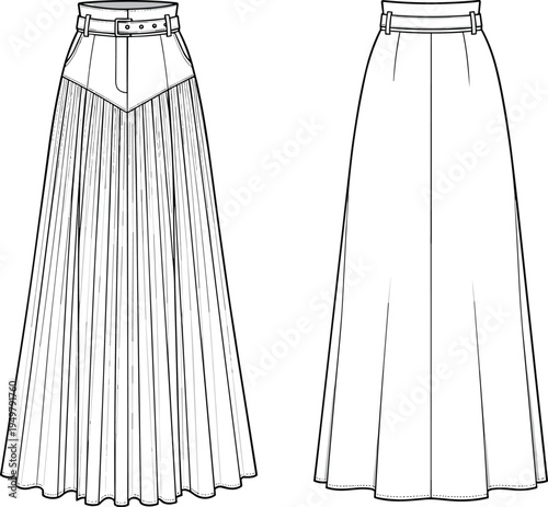 Technical CAD fashion flat vector illustration of a women's high-waisted pleated maxi skirt with a belted waist and pointed yoke.