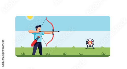 Archer aims bow and arrow at distant target on a sunny day