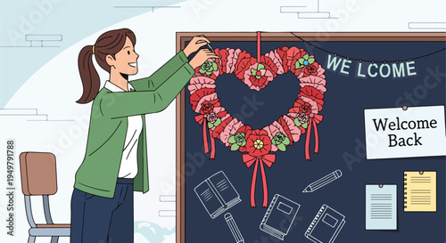 Cheerful woman decorates classroom bulletin board with heart-shaped floral wreath