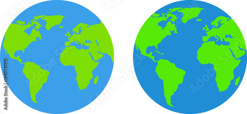 two colorful globe world map icons with blue oceans and green continents, earth planet vector illustration, geography global design element set
