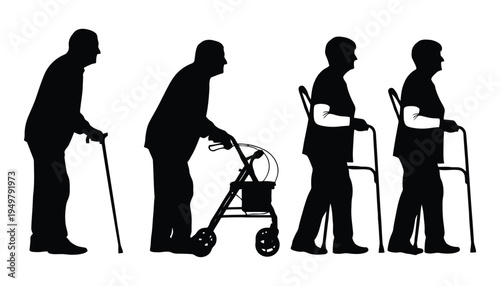 Silhouettes of aging people some using walking aids depicting stages of life