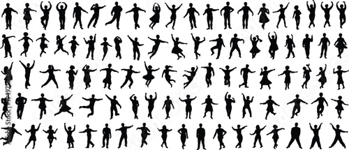 People silhouette collection with men women and children jumping dancing running celebrating poses isolated vector set for crowd, lifestyle, activity design illustration