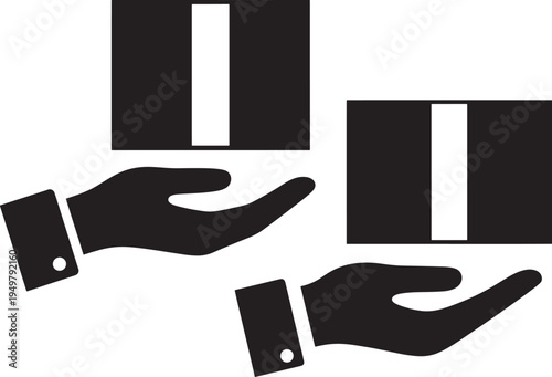 Hand holding and receiving package icon silhouette pair