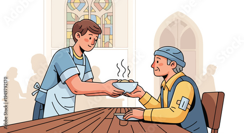 A young person serves a warm meal to an elder in a dining hall with stained glass