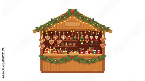 A festive holiday market stall displays various decorations and treats outdoors