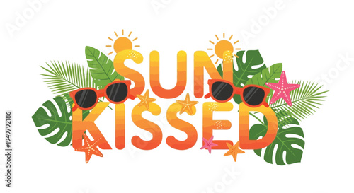 Summer tropical text banner with sunglasses and leaves vector