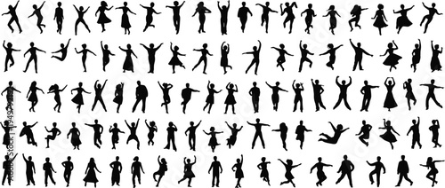People silhouette mega collection with men women and children dancing jumping running celebrating poses isolated vector set for crowd lifestyle activity design