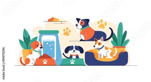 Four playful dogs of different breeds enjoy their food and water