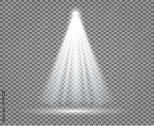 White spotlight beam with stage light effect on transparent background, Realistic bright stadium projector light with rays and floor glow, Vector transparency light effect with volumetric fog