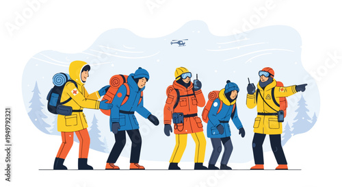 Rescue team in winter gear guides struggling hikers through snowy landscape with helicopter overhead