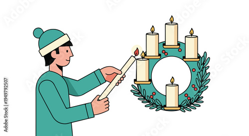 Person in winter hat lights advent wreath with candles