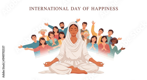 Vector illustration of a serene man meditating in lotus position surrounded by diverse joyful people celebrating International Day of Happiness with vibrant colors and positivity.